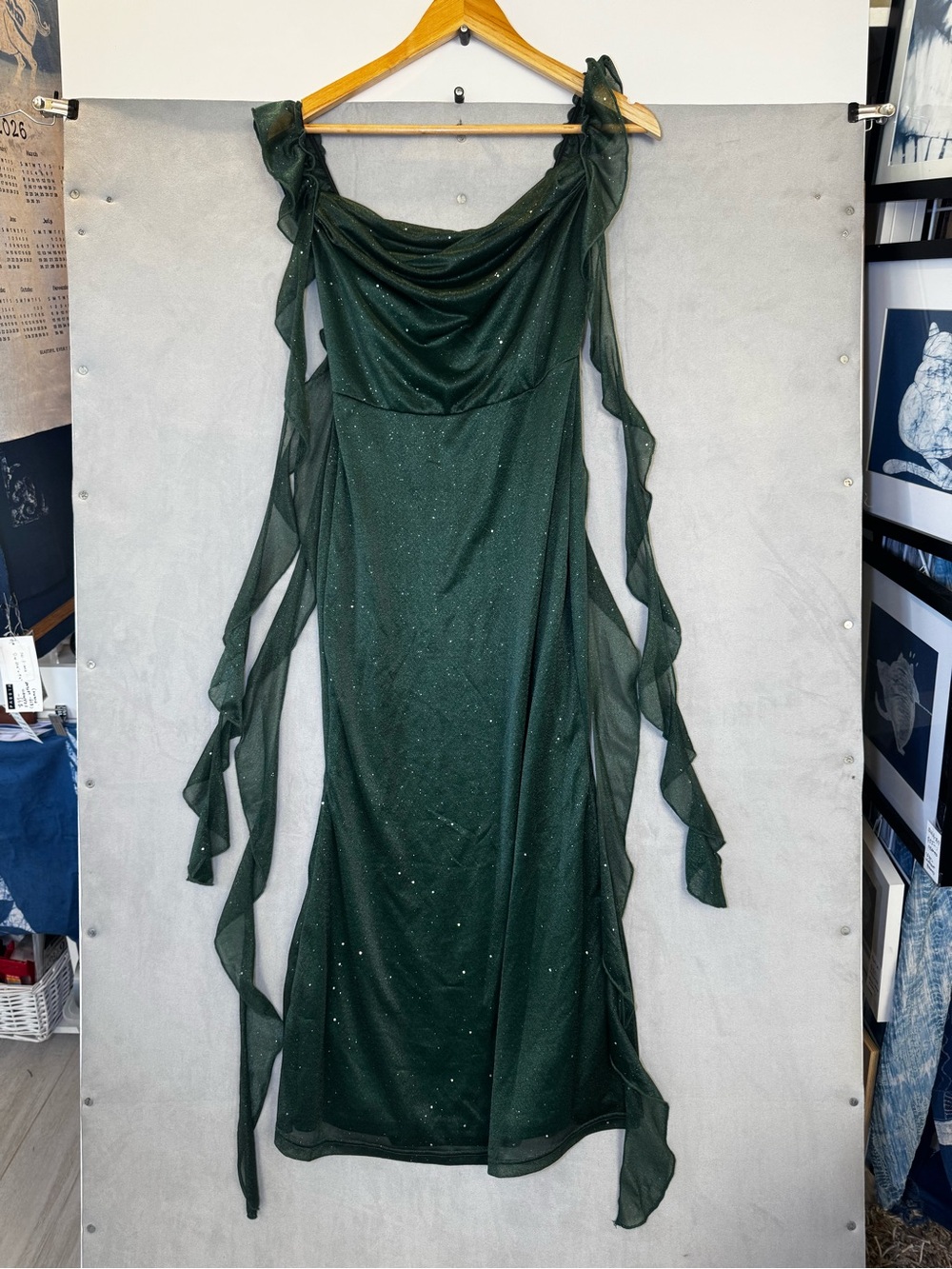 CIDER Dress S Emerald Green Glitter Cowl Neck Ruffle Strap Maxi Formal Fairycore